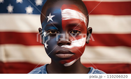 Afro is a dark-skinned, serious, responsible boy with his face painted in the color of the flag of the United States of America. 110206020