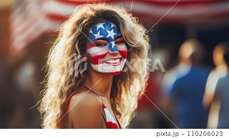 A smiling girl with her face painted in the colors of the flag of the United States of America. A smiling girl with her face painted in the colors of the flag of the United States of America. 110206023