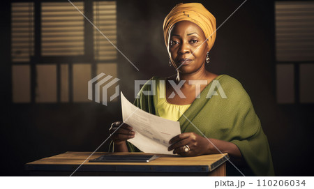 afro woman casting a ballot into a ballot box in an election 110206034