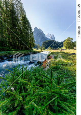 Rusenlaui with wellhorn swiss alps and Reichenbach river flowing in summer on sunny day at Switzerland 110206139