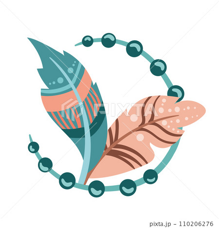 Tribal feathers, boho ethnic stylized bird round composition. Flat cartoon elegant colorful bohemian feathering, indigenous vector illustration. Vivid and bright accessory for decoration isolated 110206276
