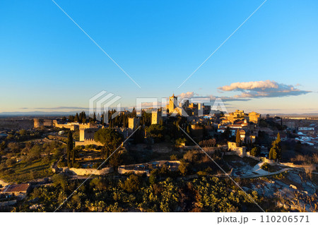 Aerial view of a scenic sunset at medieval village of Trujillo in Extremadura, Spain. High quality Aerial view of a scenic sunset at medieval village of Trujillo in Extremadura, Spain. High quality 110206571