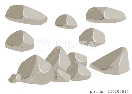 Set of stones. Beige cobblestone. Element of nature and mountains. Items for decoration and background. Flat cartoon. Boulder cobble debris. Block granite material. 110206616