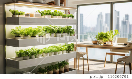 AI-generated content. Minimalist vegetable farm, easily integrated into a modern apartment with neutral colors and clean lines. Generative AI 110206791