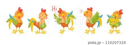 Funny Rooster or Cockerel Character in Different Pose Vector Set 110207328