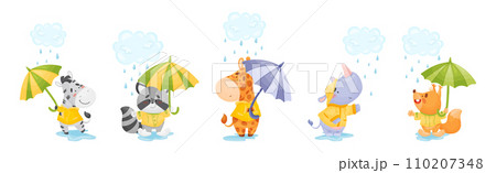 Happy Animals Wearing Coat Walking in Rainy Day with Umbrella Vector Set 110207348