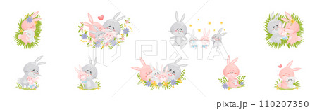 Rabbit Family with Bunny Mom and Dad Loving Their Cub Vector Set Rabbit Family with Bunny Mom and Dad Loving Their Cub Vector Set 110207350
