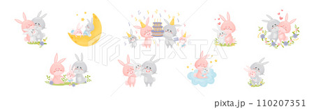Rabbit Family with Bunny Mom and Dad Loving Their Cub Vector Set Rabbit Family with Bunny Mom and Dad Loving Their Cub Vector Set 110207351