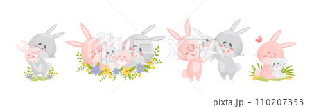 Rabbit Family with Bunny Mom and Dad Loving Their Cub Vector Set 110207353
