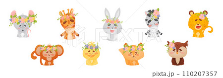 Cute Animals with Flower Wreath and Crowns on Head Vector Set Cute Animals with Flower Wreath and Crowns on Head Vector Set 110207357