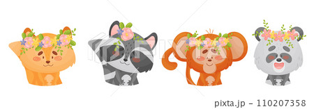 Cute Animals with Flower Wreath and Crowns on Head Vector Set Cute Animals with Flower Wreath and Crowns on Head Vector Set 110207358