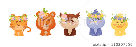Cute Animals with Flower Wreath and Crowns on Head Vector Set 110207359