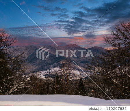 Winter sunset alpine hills with fir  forest view from mountain village. Picturesque seasonal, nature and countryside beauty concept scene. 110207625