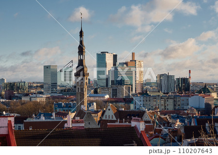 Beautiful cityscape of old town of Tallinn. Panoramic view from the observation deck in Tallinn city, Estonia. Beautiful cityscape of old town of Tallinn. Panoramic view from the observation deck in Tallinn city, Estonia. 110207643