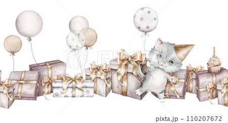 Seamless border with little fluffy gray kitten in cap and air balloon. Watercolor hand drawn. Beige gift boxe with golden bows. Scottish cat isolated on white background. Pet cartoon pastel color Seamless border with little fluffy gray kitten in cap and air balloon. Watercolor hand drawn. Beige gift boxe with golden bows. Scottish cat isolated on white background. Pet cartoon pastel color 110207672