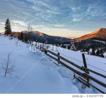 Sunrise winter Carpathian mountain village Zelene outskirts, Verkhovyna, Ukraine 110207776