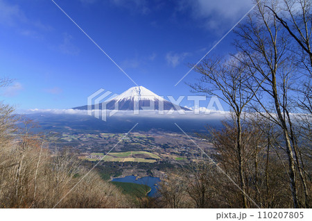 長者ヶ岳より望む富士山と田貫湖の絶景 110207805