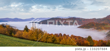 Morning foggy clouds in autumn mountain countryside.  Ukraine, Carpathian Mountains, Transcarpathia. 110207884
