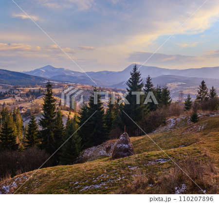 Late autumn mountain scene. Picturesque traveling, seasonal, nature and countryside beauty concept scene. Carpathians, Ukraine. Late autumn mountain scene. Picturesque traveling, seasonal, nature and countryside beauty concept scene. Carpathians, Ukraine. 110207896