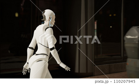 female robot walking along a street in a big city. humanoid AI robot crossing street. 3d animation. future automation job. female robot walking along a street in a big city. humanoid AI robot crossing street. 3d animation. future automation job. 110207945