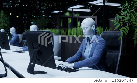 3d render of humanoid robots working in modern office, future concept 110207947