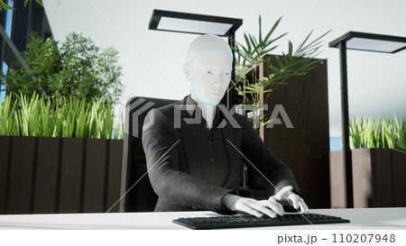 3d render of humanoid robots working in modern office, future concept 110207948