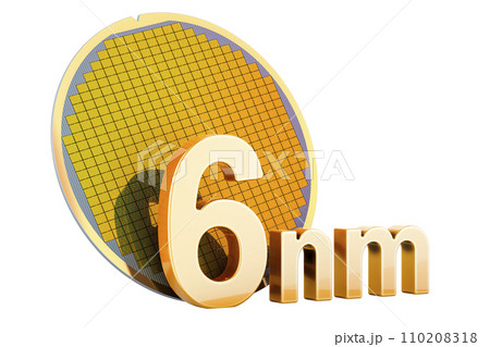 Silicon Wafer with Processor Cores, 6 nm size. 3D rendering Silicon Wafer with Processor Cores, 6 nm size. 3D rendering 110208318