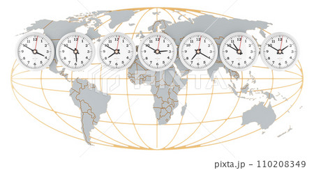 World Time zone concept, Timezone wall clocks. 3D rendering World Time zone concept, Timezone wall clocks. 3D rendering 110208349
