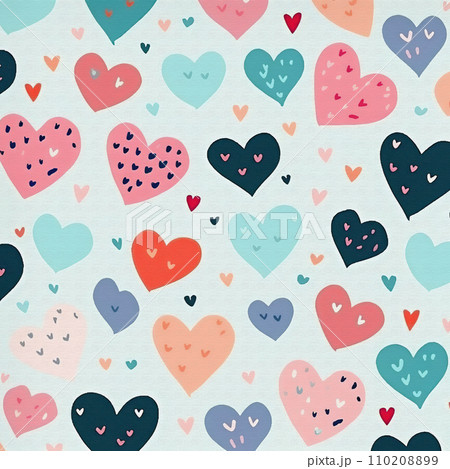 Valentine's day seamless pattern with different hearts. Smiling heart. Colorful hand drawn hearts , lovely romantic background, great for textiles, wallpapers, banners. 110208899