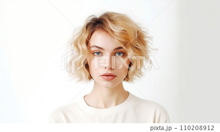 Portrait of a beautiful woman with blond hair on a light background. Girl in white t-shirt isolated on white background. 18-20 years old cute European girl with short haircut close-up. Portrait of a beautiful woman with blond hair on a light background. Girl in white t-shirt isolated on white background. 18-20 years old cute European girl with short haircut close-up. 110208912