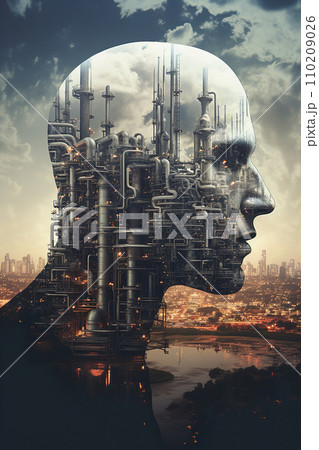 AI-generated content. double exposure portrait of person and factory, futuristic industrial pollution and manufacturing concept 110209026