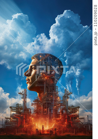 AI-generated content. double exposure portrait of person and factory, futuristic industrial pollution and manufacturing concept 110209028