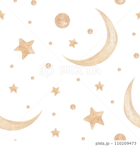 Watercolor seamless pattern with elements as moon, stars, on white background. Galaxy wallpaper, for textile, design, card, nursery, wrapping paper Watercolor seamless pattern with elements as moon, stars, on white background. Galaxy wallpaper, for textile, design, card, nursery, wrapping paper 110209473
