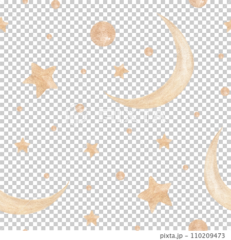 Watercolor seamless pattern with elements as moon, stars, on white background. Galaxy wallpaper, for textile, design, card, nursery, wrapping paper Watercolor seamless pattern with elements as moon, stars, on white background. Galaxy wallpaper, for textile, design, card, nursery, wrapping paper 110209473