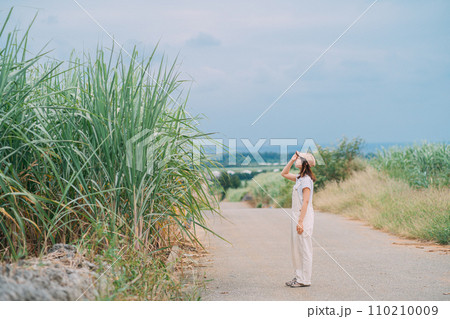 海へ続くさとうきび畑を歩く女性 110210009