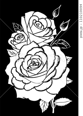 white graphic linear drawing of rose flower on black background, design 110210094
