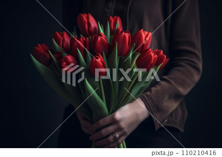 AI-generated content. Close-up of a bouquet of red tulips in the hands of a girl in a blouse on a dark background 110210416
