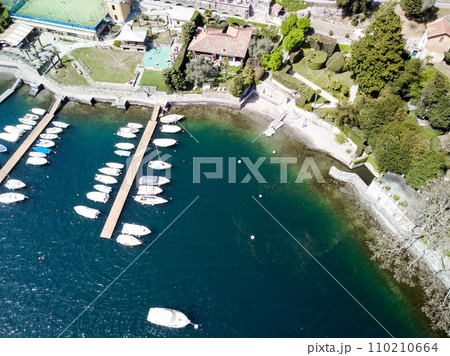 Aerial drone photo of iconic small port and fishing village boats 110210664