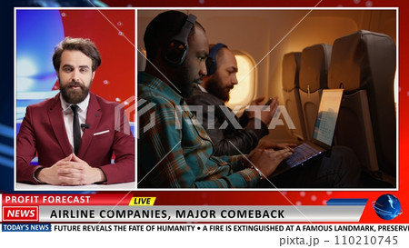 Presenter shows news about airlines and commercial flights making a comeback before holiday season. Media journalist talking about airplane travel companies and tourism in newsroom. 110210745