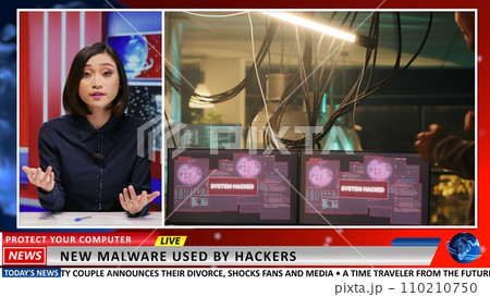 Media presenter addresses hacking attack issues, talking about thieves and malware danger online. Asian journalist presenting criminal activity on internet, international breaking news. 110210750