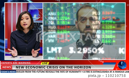 News anchor warns about new economics crisis, presenting stock market prices drop and people losing money. Latest news about financial exchange disaster, international tv headline. 110210758