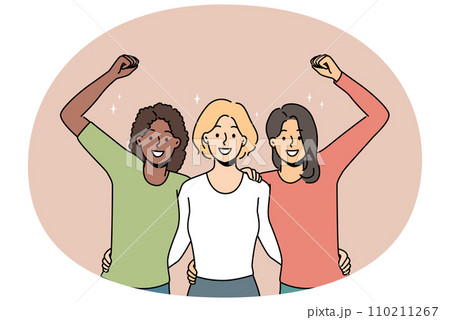 Overjoyed multiracial women hug show unity Overjoyed multiracial women hug show unity 110211267