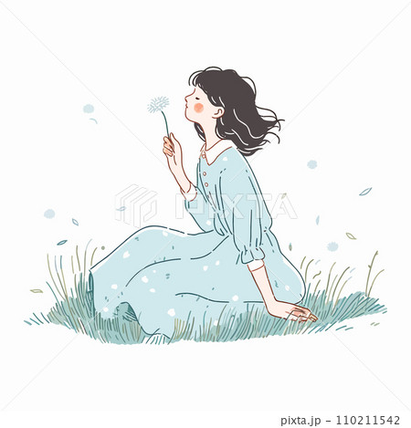 A girl blowing dandelion seeds in a lush spring meadow, vector illustration 110211542