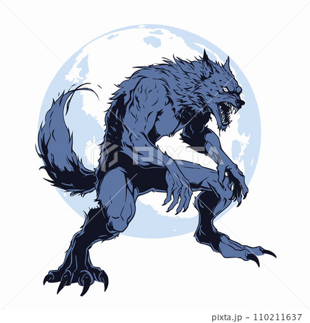 A lone werewolf howling under a full moon, a chilling Halloween scene. Vector Illustration. A lone werewolf howling under a full moon, a chilling Halloween scene. Vector Illustration. 110211637