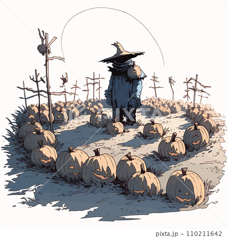 A scarecrow casting long, eerie shadows in a pumpkin patch at dusk. Vector Illustration. A scarecrow casting long, eerie shadows in a pumpkin patch at dusk. Vector Illustration. 110211642