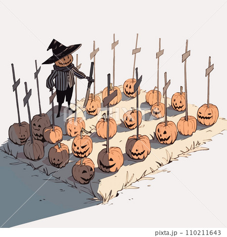 A scarecrow casting long, eerie shadows in a pumpkin patch at dusk. Vector Illustration. 110211643