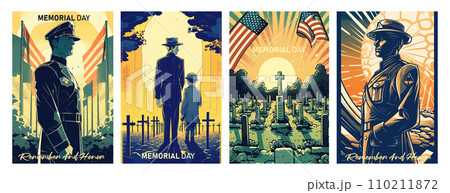 Memorial Day Vector illustration. USA flag, soldier in cemetery and a child on memorial day.Retro greeting card and poster design Memorial Day Vector illustration. USA flag, soldier in cemetery and a child on memorial day.Retro greeting card and poster design 110211872