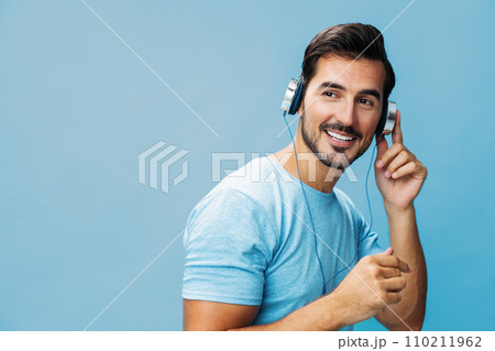 Man space happy studio fun t-shirt headphone sing music copy online portrait Man space happy studio fun t-shirt headphone sing music copy online portrait 110211962