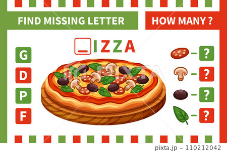 How many counting pizza ingredient, children math education puzzle game. Find missing word letter Italian pizzeria food. English alphabet, mathematics number learning. Kid preschool logic task vector 110212042