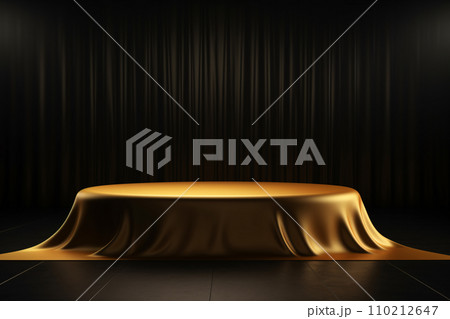 Elevate Your Brand, Luxury Podium on Flowing Gold Fabric Elevate Your Brand, Luxury Podium on Flowing Gold Fabric 110212647